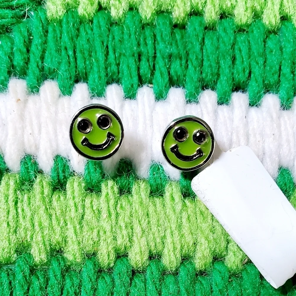 Black Spinel Enamel Smiley Face Stud Earrings